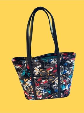 Vera Bradley Black Quilted Floral Tote with Red, Blue & Yellow Accents